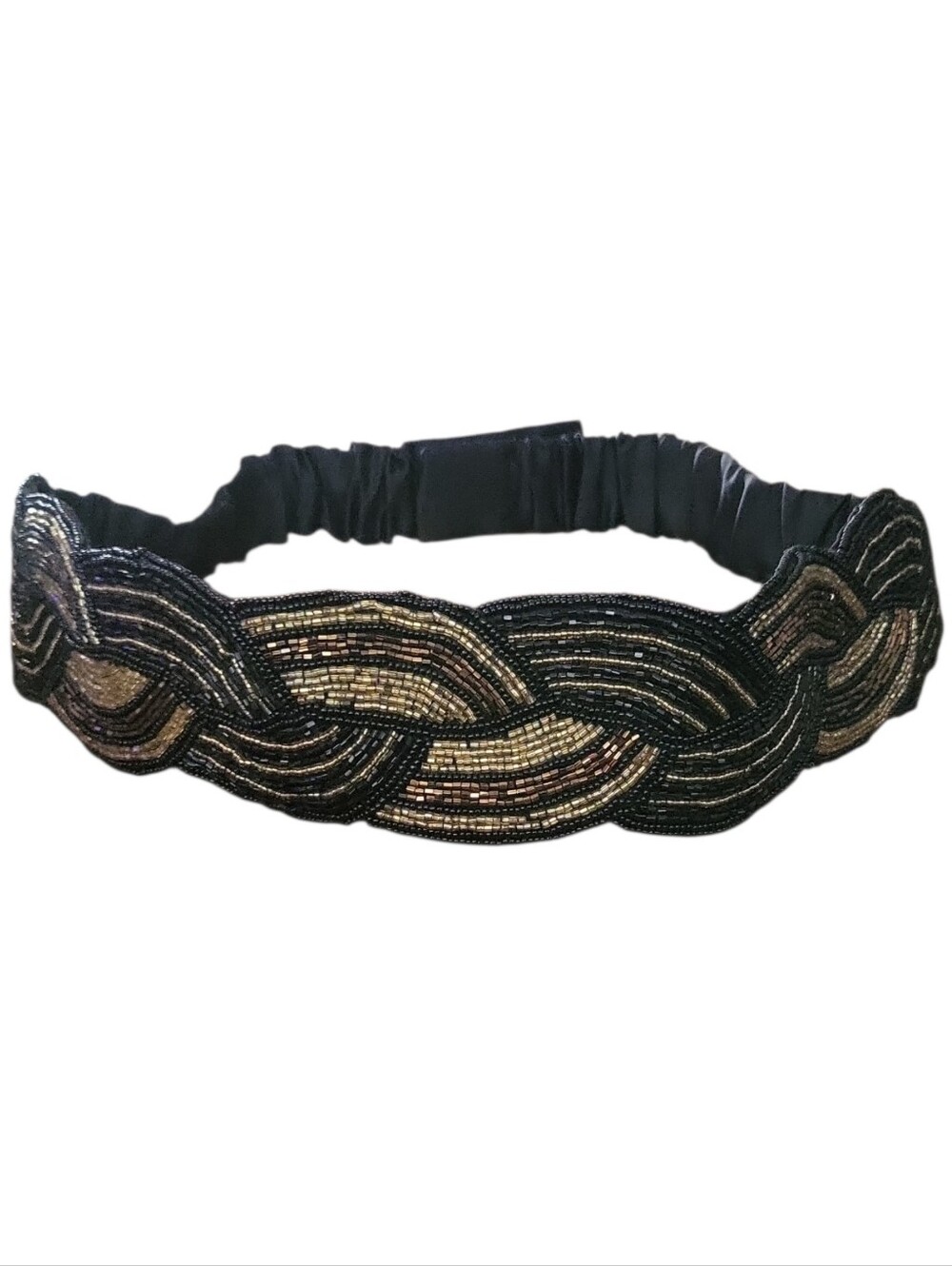 Vintage 90's Y2K Magid Black Satin Gold & Copper Beaded Statement Stretch Belt L